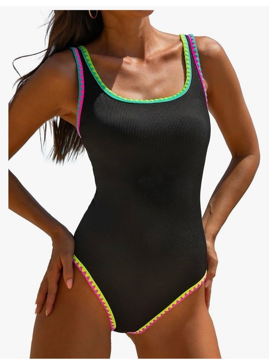 Popvil Other - Black One-Piece Swimsuit with Neon Trim